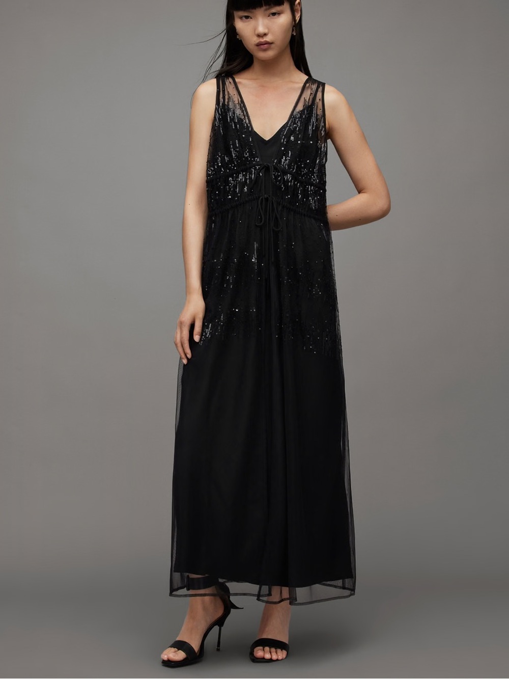 ALL SAINTS Robyn Embellished Black Sequin Tulle Maxi Dress NWT 6 - Picture 3 of 15